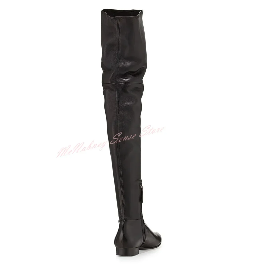 Round Toe Flat with Boots Over The Knee Solid Leather New Style Boots Women Sexy Shoes Winter Party Casual Designer Side Zipper