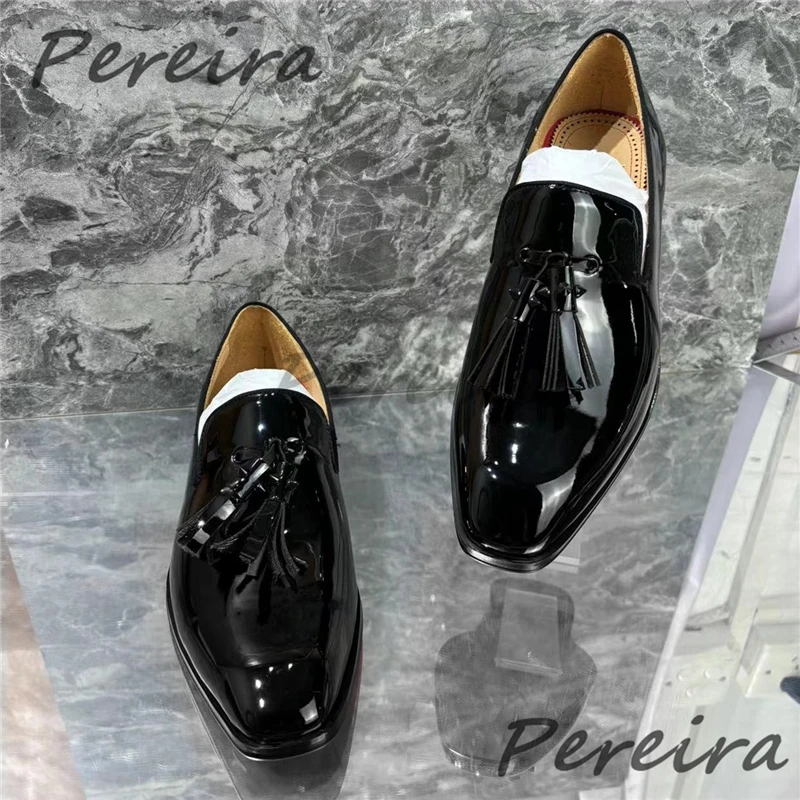 Fashion Tassel Men\'s Formal Shoes Square Toe Patent Leather Low Heel Derbies Summer New Wedding Party Banquet Male Casual Shoes