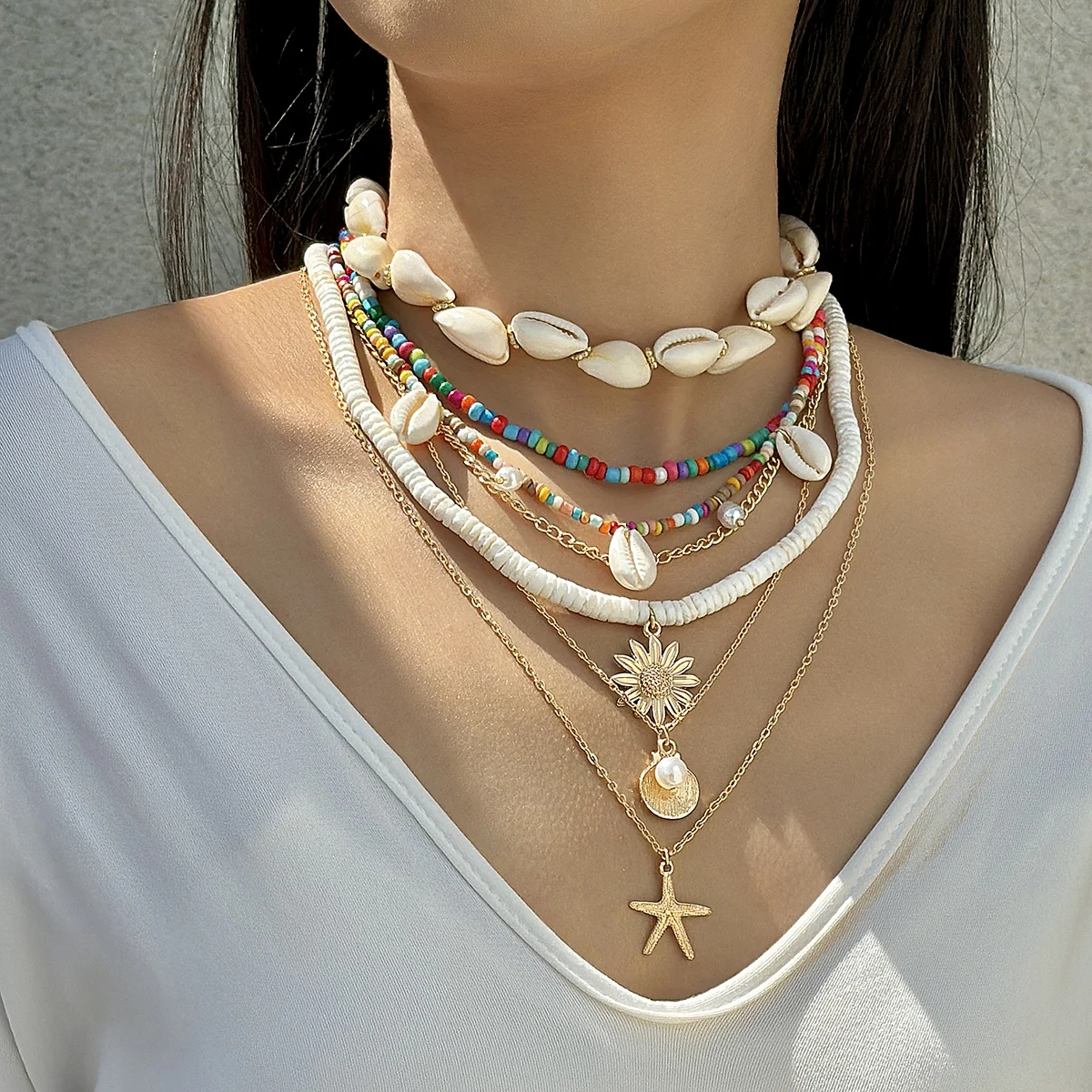 Tocona Bohemia Shell Flower Pendant Necklace  for Women Sand Beach Peart Stone Measle Chains Necklaces Jewelry Party 26887