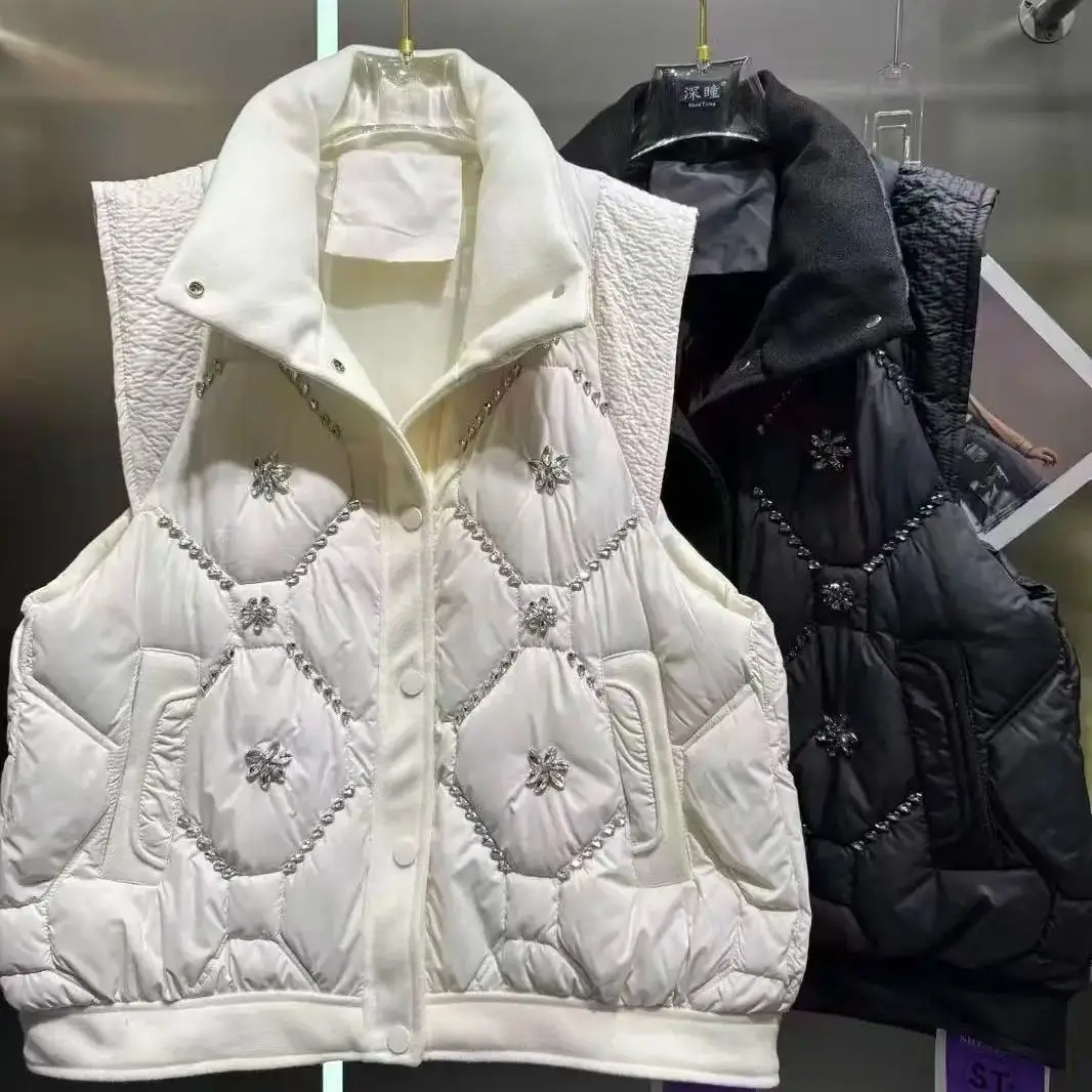 

High-end Sparkle Diamonds Stitch Outerwears Vest Women's Autumn Winter Trend Thick Sleeveless Jacket Coat Woman Clothing