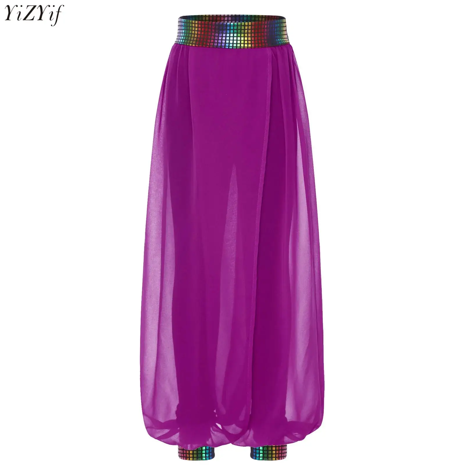 

Kids Girls Chiffon Belly Dance Pants Metallic Shiny Elastic Waist Patchwork Pants for Party Jazz Dance Cheerleading Competition