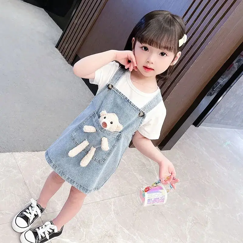 Summer girls dress set new baby short-sleeved T-shirt denim suspender skirt 2-piece children\'s clothes set