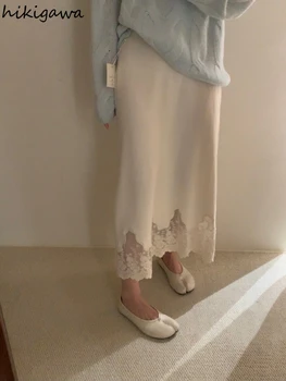 Faldas De encaje De retazos para Mujer, falda larga De punto a la Moda, De cintura alta, Estilo Vintage, 2023