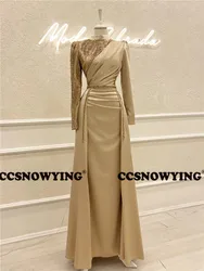 Champagne Long Sleeve Muslim Evening Dresses Detachable Train Islamic Formal Party Gown High Neck Arabic Kaftan Robes De Soirée