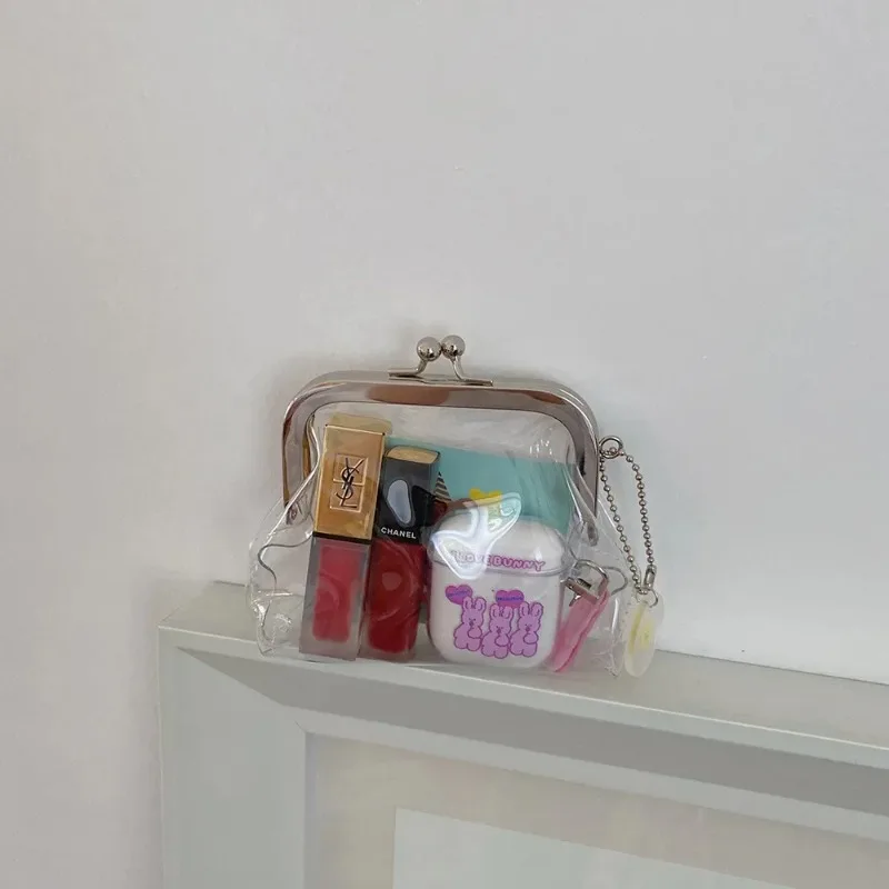 Ins Transparent Simple PVC Coin Purse Wallet With Pendant Vintage Iron Clip Small Item Storage Bag Girls Cosmetics Lipstick Bag