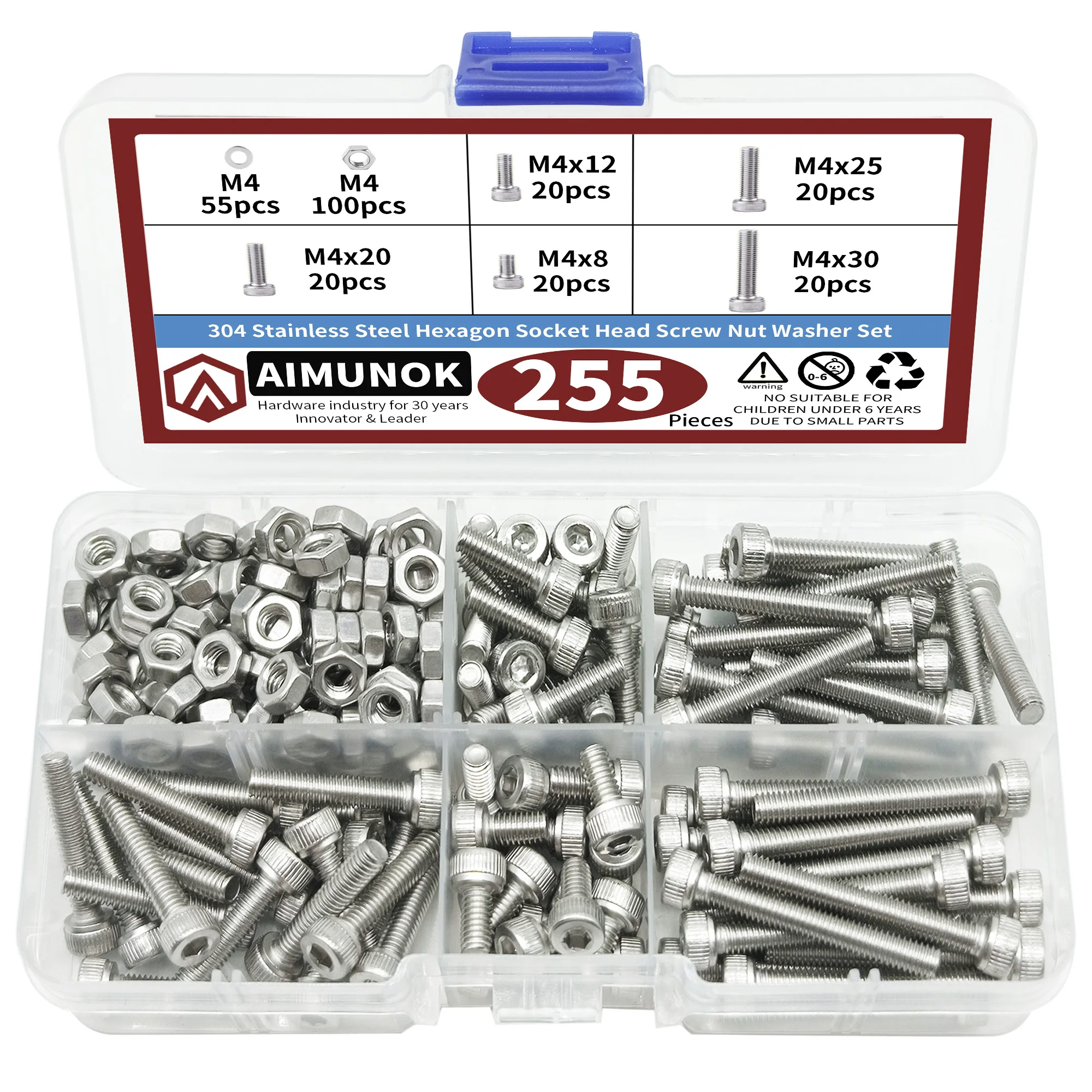 AIMUNOK 304 Stainless Steel Screw, Nut and Washer 255pcs Set | M4 Full - Specification Storage Box, Essential for Home DIY