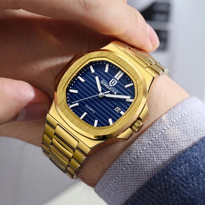 QINGXIYA Brand Fashion Square Dial Quartz Watch for Men Gold Stainless Steel Waterproof Luminous Calendar Luxury Mens Watch