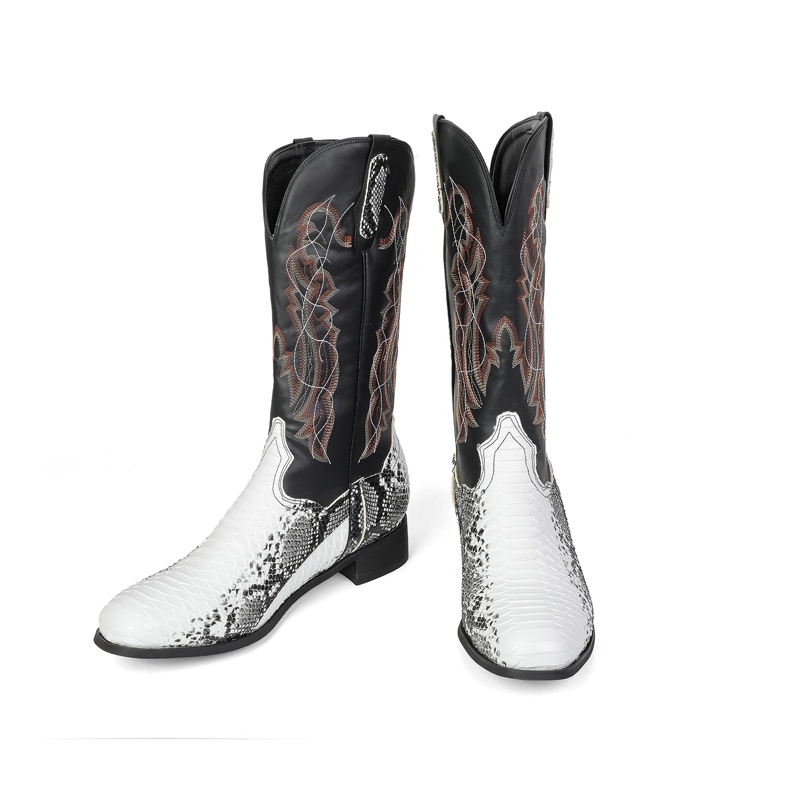 Round Toe Embroidered Snake Print Cowboy Boots Men Mixed Colors Short Boot Cossacks Western Booties Female 3