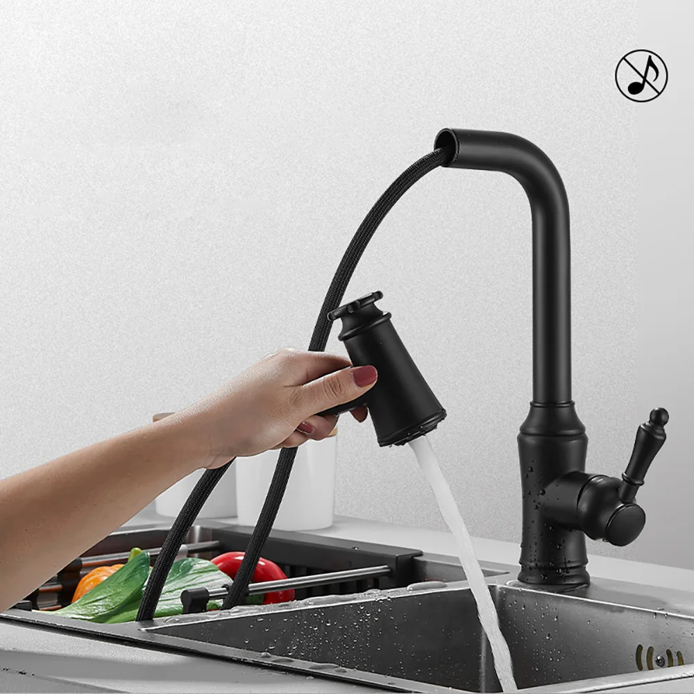 Tianview Brass black pull-out household kitchen faucet hot and cold water basin chrome-plated black paint shower booster faucet