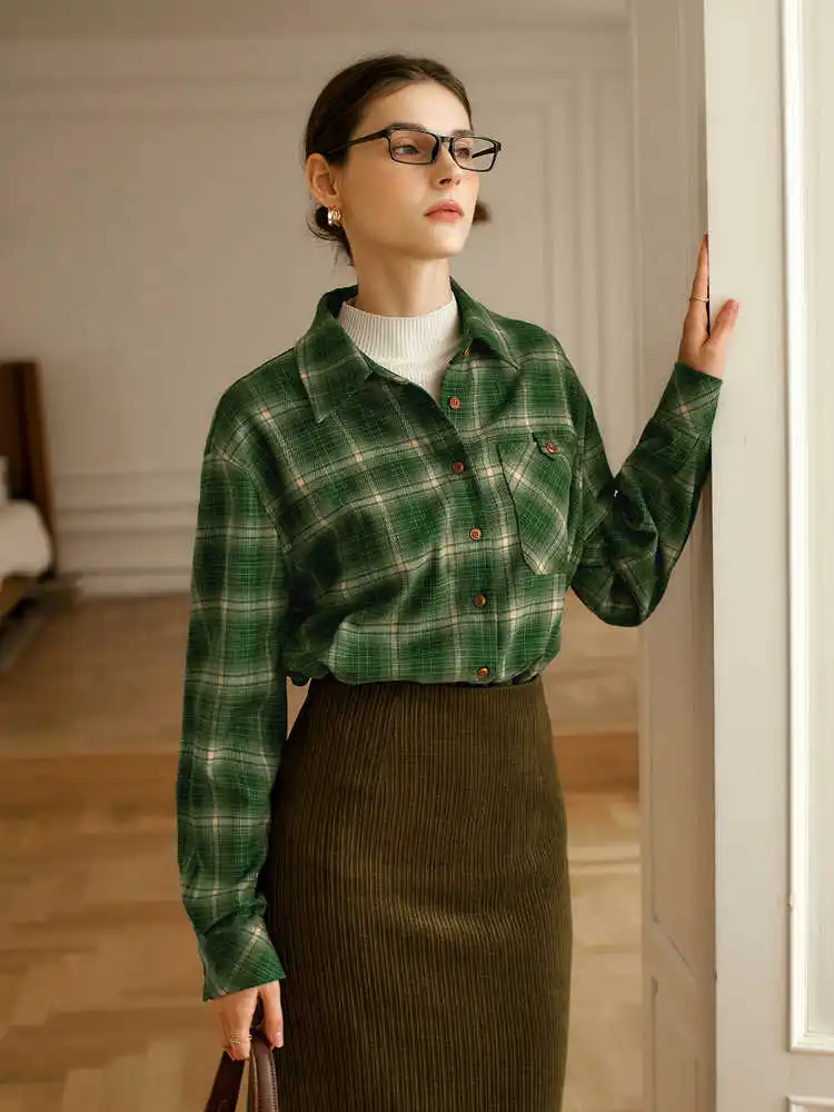 OLrain Green Plaid Women Shirts Spring 2025 Casual Loose Fit Commute Turn Down Collar Long Sleeve Spliced Button Tops O56DC95310