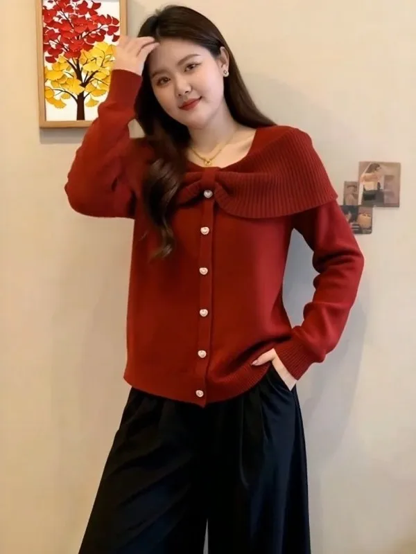 

Red Square Collar Knitted Sweater Women's Loose Inner Wear Spring New Sle plus Size Slimming Faion Korean Sle Long Sve