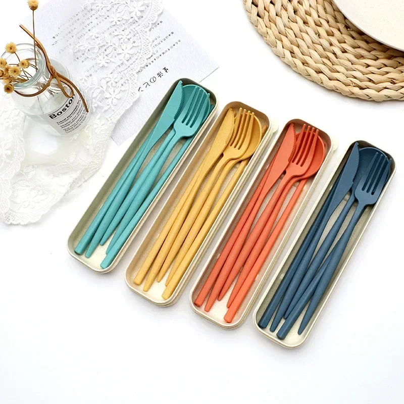 3pcs/set Travel Cutlery Portable Cutlery Box Japan Style Wheat Straw Spoon Chopstick Fork Student Dinnerware Sets