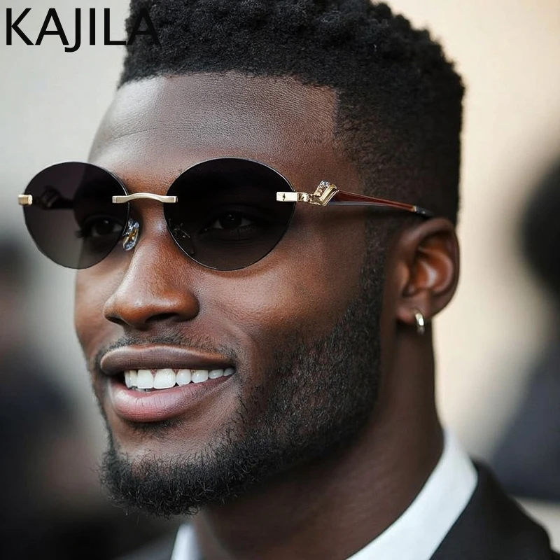 

Small Frame Oval Steampunk Rimless Sunglasses Men 2025 Luxury Brand Vintage Punk Frameless Driving Sun Glasses For Male UV400