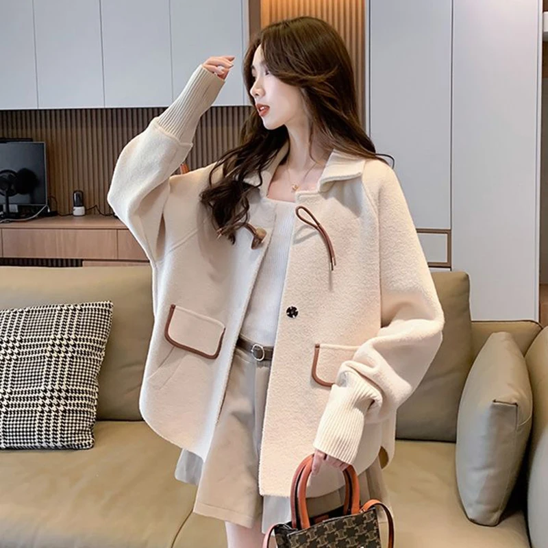 Fashion Bat Sleeve Woolen Coat Women's 2023 Spring Autumn New Sweater Outwears Short Horn Button Top Casual Korean Jacket Female