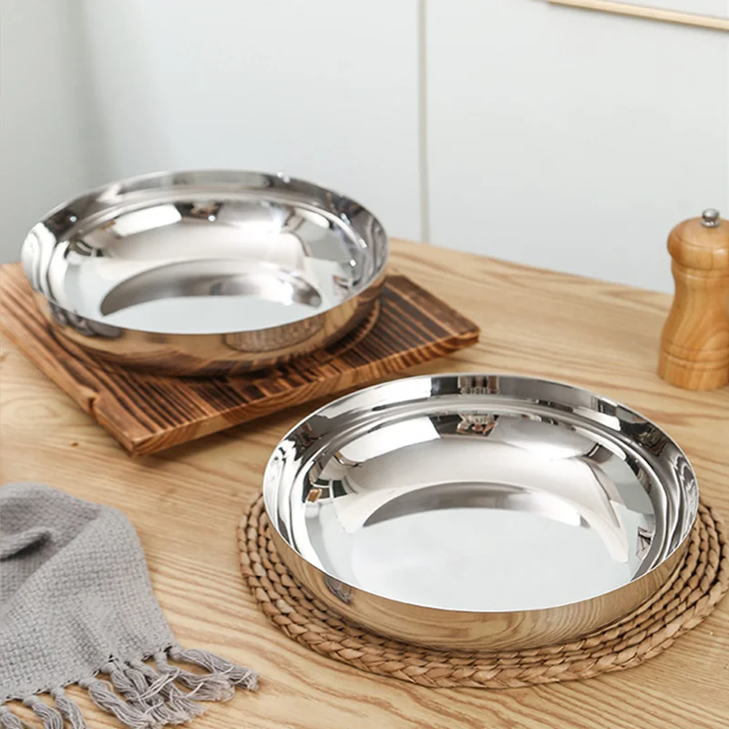 

Silver Round Stainless Steel Bowl, Salad Bowl, Fruit Plate, Dining Table Decoration Storage Tray, Tableware, Kitchen Utensils