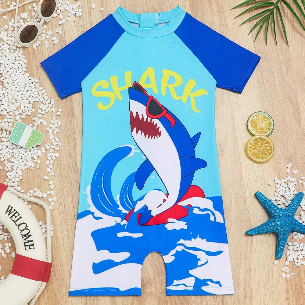 1pc Summer Boys Shark Print One‑Piece Swimsuit, Short Sleeve Rash Guard, Cool Style, Beach/Pool Wear, 1‑6Y, Quick Dry Sun Protec