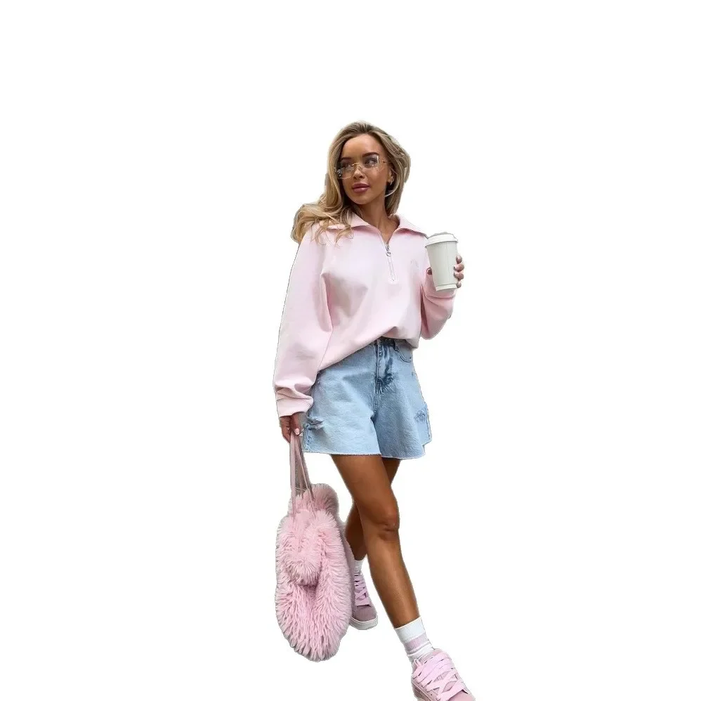 2025 الخريف الصلبة الترفيه رسالة مطرزة شبه سستة المرأة البلوز جديد عصري فضفاض رداء علوي غير رسمي النساء الملابس #6