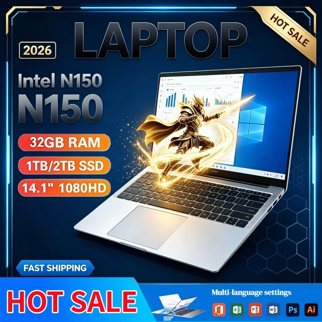 Intel N150 Portable Laptop New 14.1 Inch Office Study Laptop 16GB/32GB RAM Windows11 1TB/2TB Large SSD