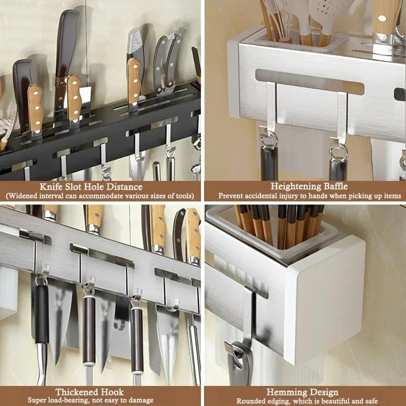 Stainless Steel Frame Wall Mounted Knife Holder Kitchen Nail Free Storage Rack Knife With Hook Kitchen Cabinet Storage Rack