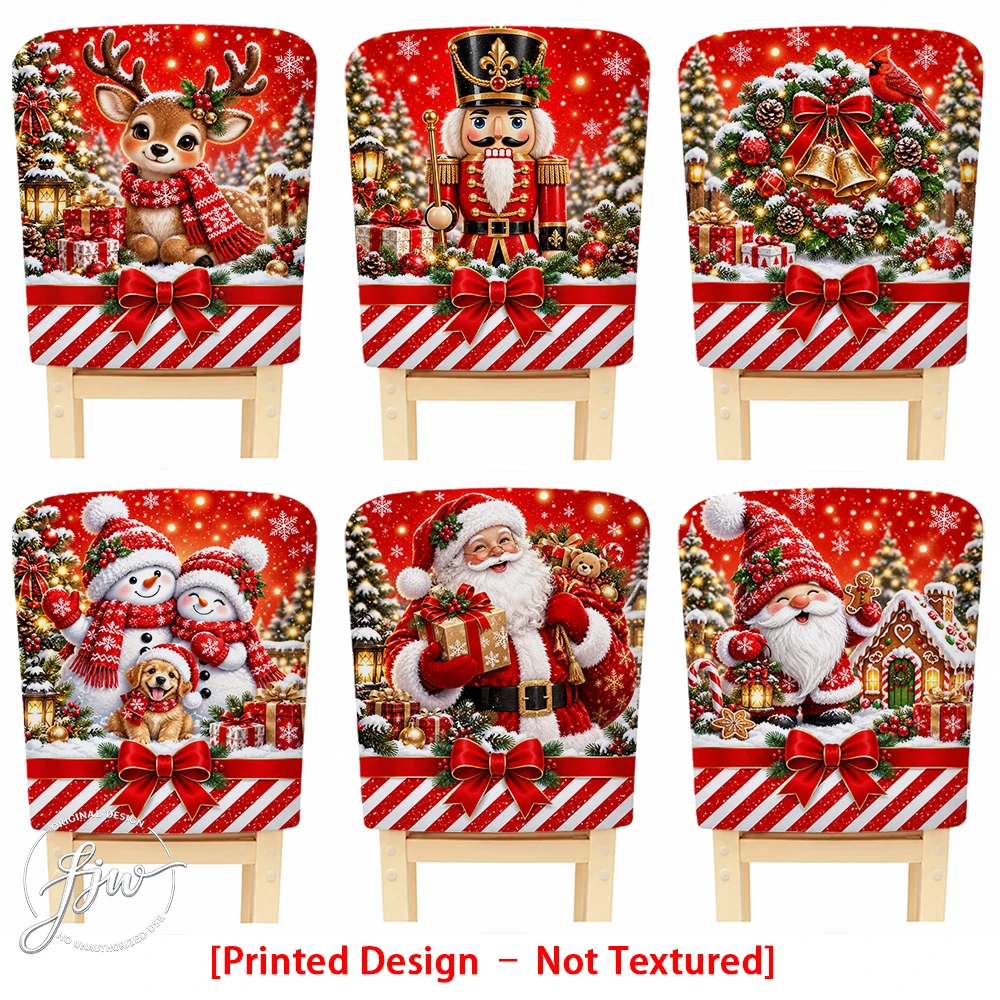 2/4/6pc Christmas Chair Back Covers Festive Holiday Dining Chair Slipcovers with Santa Snowman Nutcracker Reindeer Designs