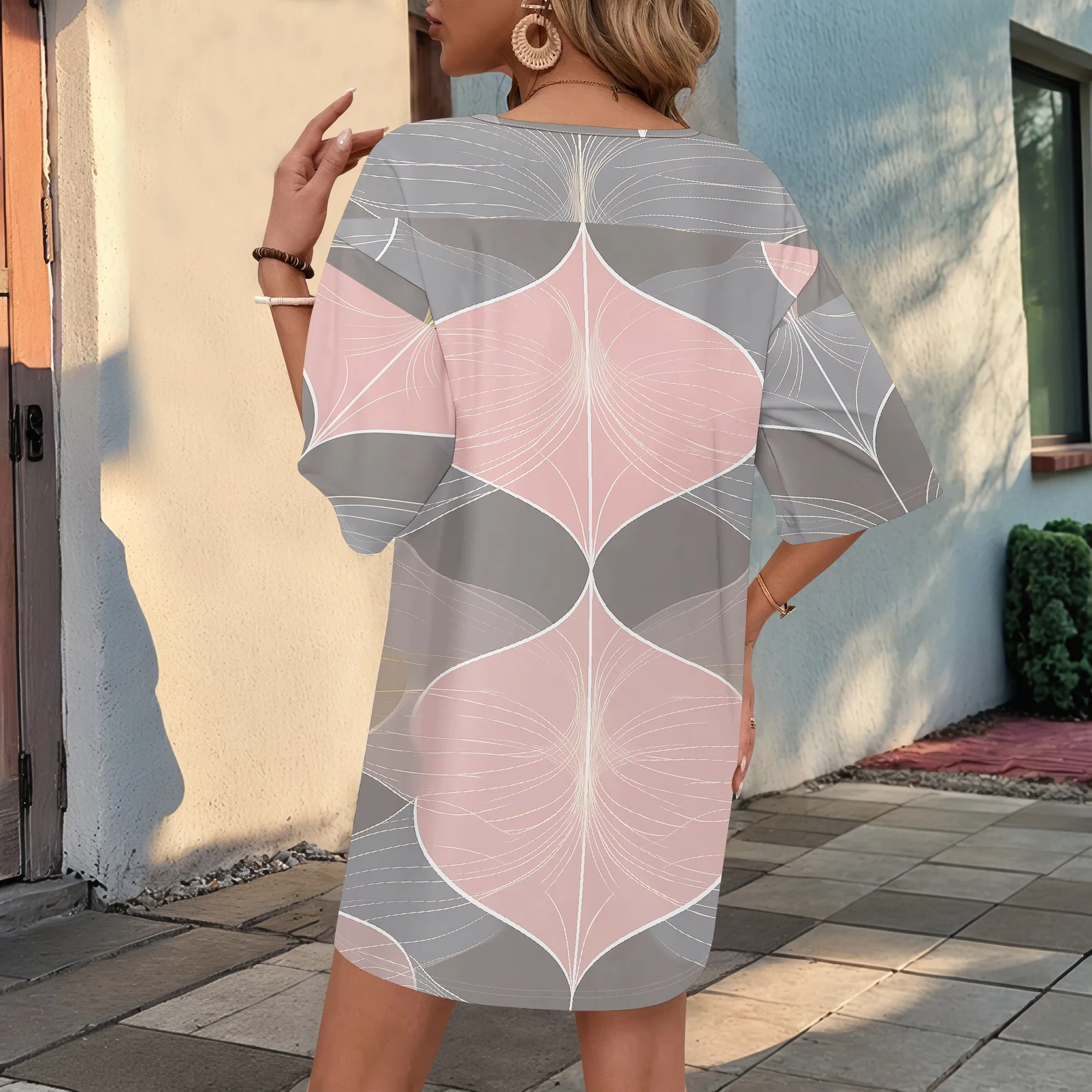 

Casual Tunic Dress Women's XS-3XL Pink Gray Abstract Print Loose Fit Summer Mini Dress Modern