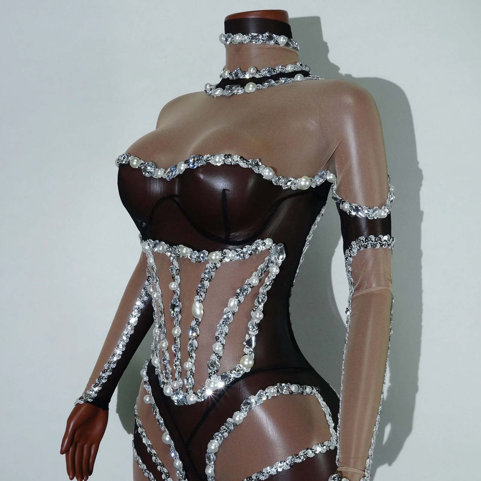 Combinaison Sexy en maille transparente, couleur chair, pour Halloween, fête d'anniversaire, chanteur, Performance, justaucorps Drag Queen, Festival pôle