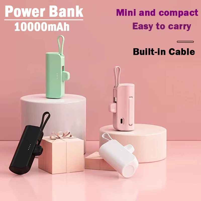 

10000mAh Mini Portable Power Bank Fast Charger Built-in Cable for IPhone Xiaomi Samsung Tye-c/Apple Interface External Battery