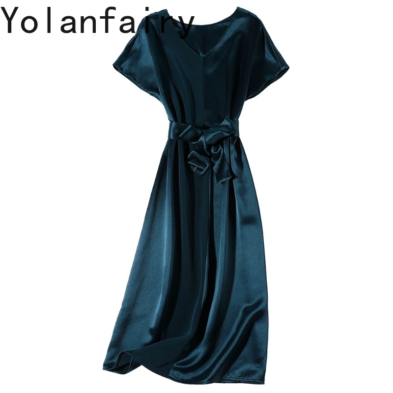

YOLANFAIRY 74% ацетат 26% полиэстер платья для женщин летнее элегантное платье с завязкой на талии женская одежда серое платье с v-образным вырезом