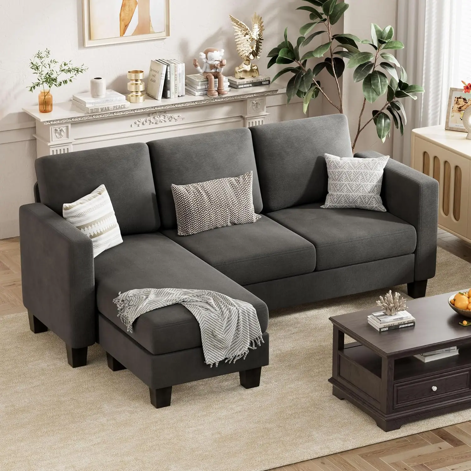 

Convertible Sectional Sofa Couch 3 Seat L-Shaped Sofa with Linen Fabric Movable Ottoman Small Couch (Dark Gray)