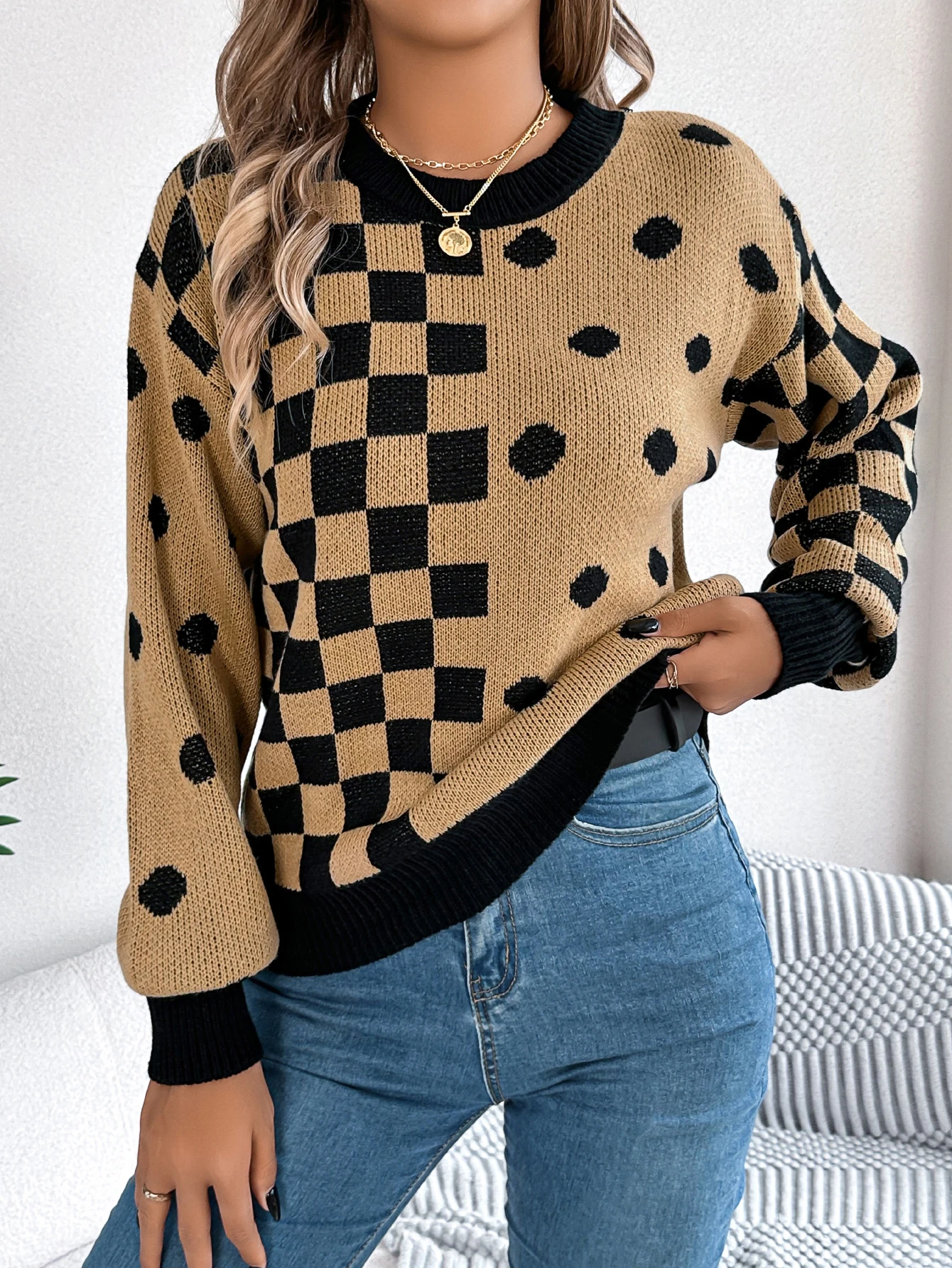  Autumn Winter Casual Contrasting Grid Dot Long Sleeve Knitted Pullover Fashion New Year and Christmas Sweater Women Clothes