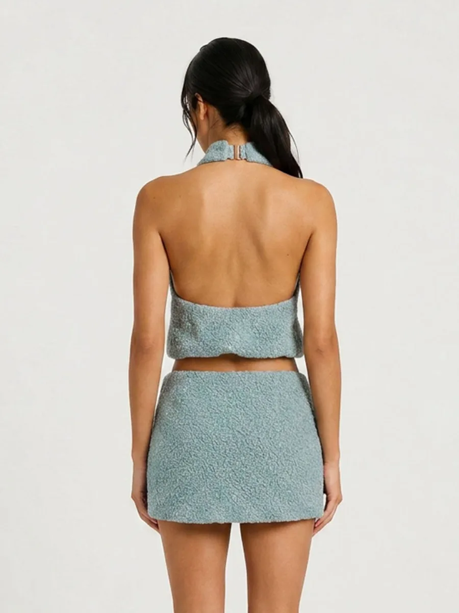 DFDG Women 2026 Fuzzy Teddy Two Piece Set Turtleneck Halter Sleeveless Crop Top High Waist Mini Skirt Warm Casual Matching Set