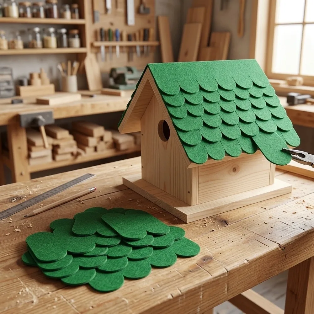 50 Roof Shingles + 3 Peak Covers = 53 pcs Green Non-Woven Felt for Bird House For Nesting Box Roofing Projects