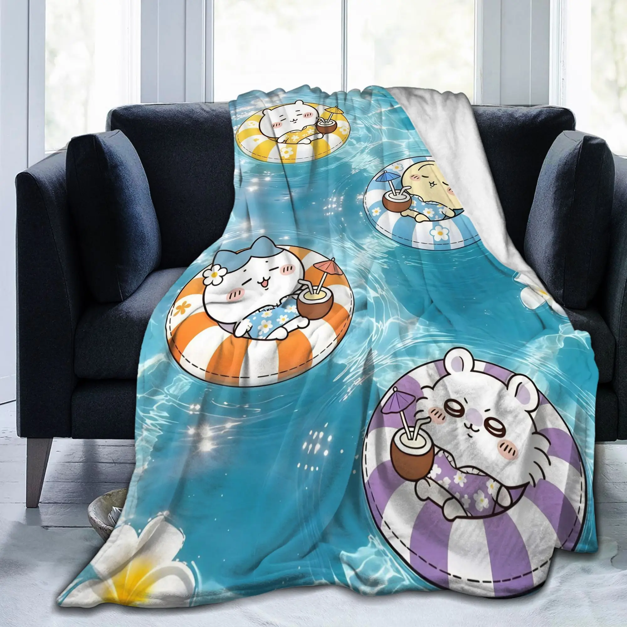 Chiikawas Pool Float Summer Kawaii Anime Blankets Velvet Multi-function Ultra-Soft Throw Blankets for Bedding Bedroom Quilt