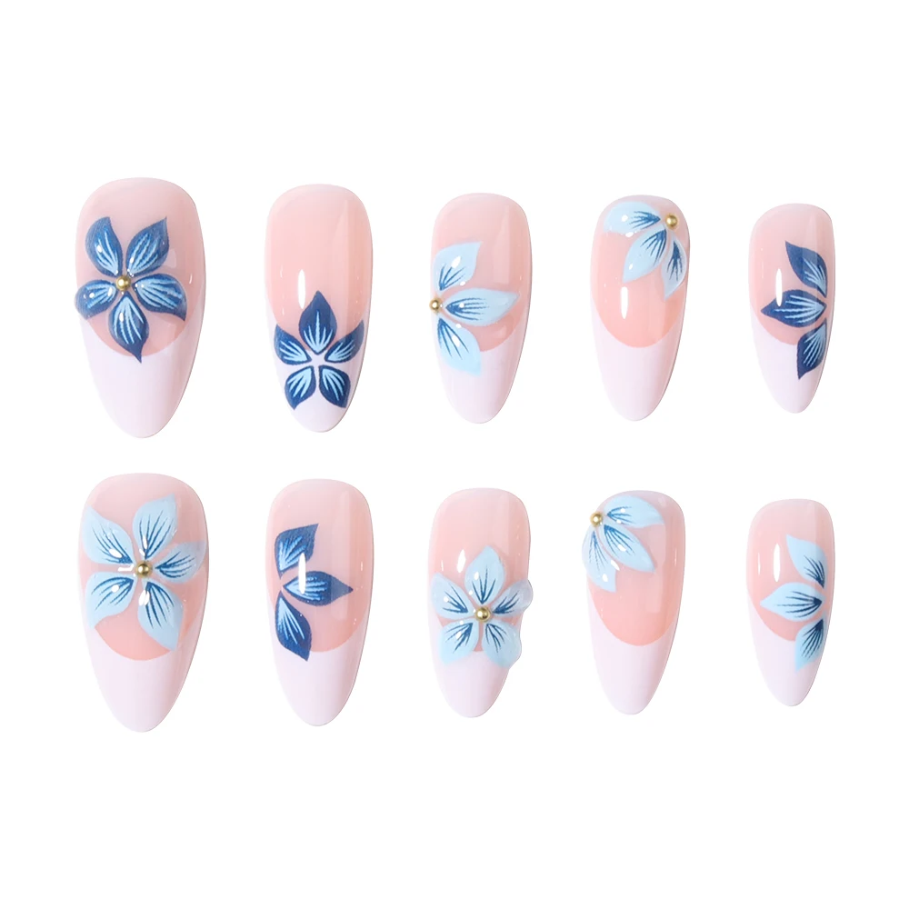 24 peças de amêndoa 3d gel flor branca ponta francesa imprensa em unhas, cabe perfeitamente conjunto de unhas falsas acrílicas, contém 1 peça de cola gelatinosa e 1p