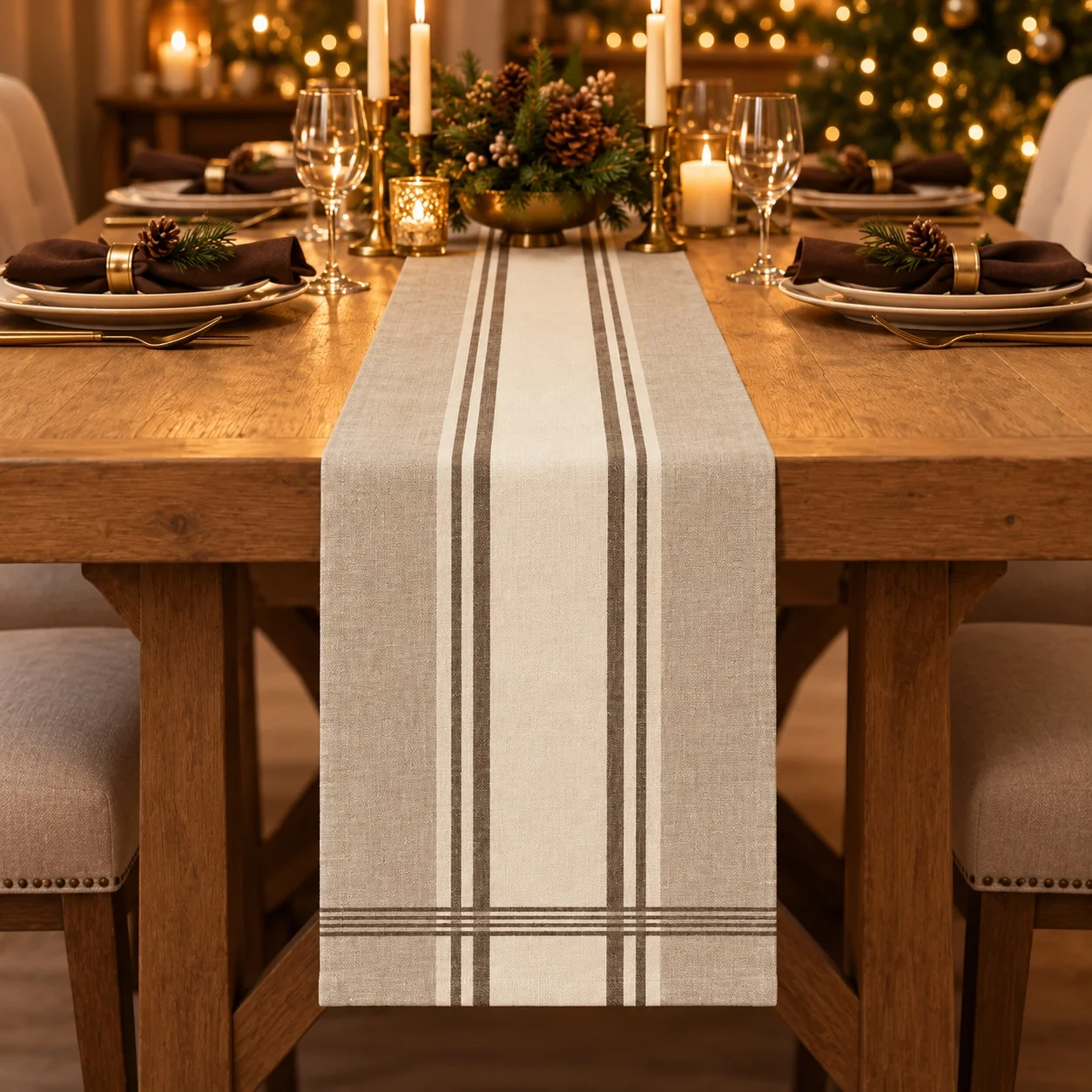 Vintage Striped Table Runner Rustic Beige Brown Line Print Table Runner Kitchen Dining Table Wedding Decoration