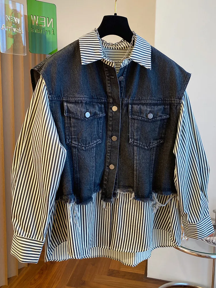 

Striped Shirt Patchwork Denim Jacket Women Big Size M-4XL Fake Two-piece Long Sleeve Coat Autumn Winter New X684