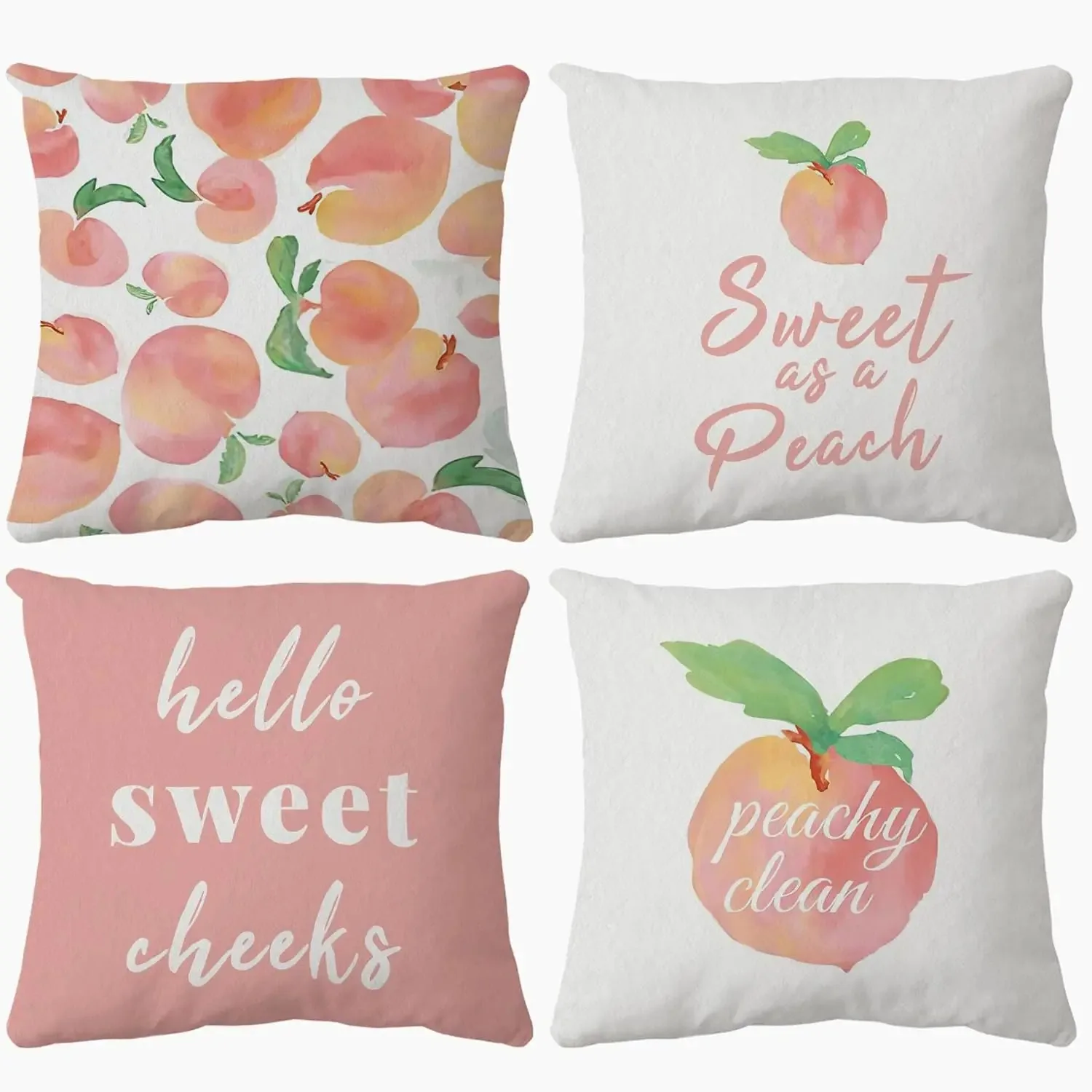 Watercolor Hello Sweet Cheeks Peachy Clean Sweet As A Peach Cute Peaches Pillow Case Set Of 4, Home Nursery Decor Cushion Cover