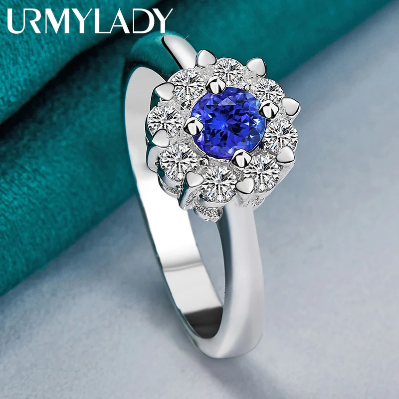 URMYLADY 925 Sterling Silber Blume Blauer Zirkon 7-10 #   Ring für Damen, Hochzeit, Verlobung, Party, Modeschmuck