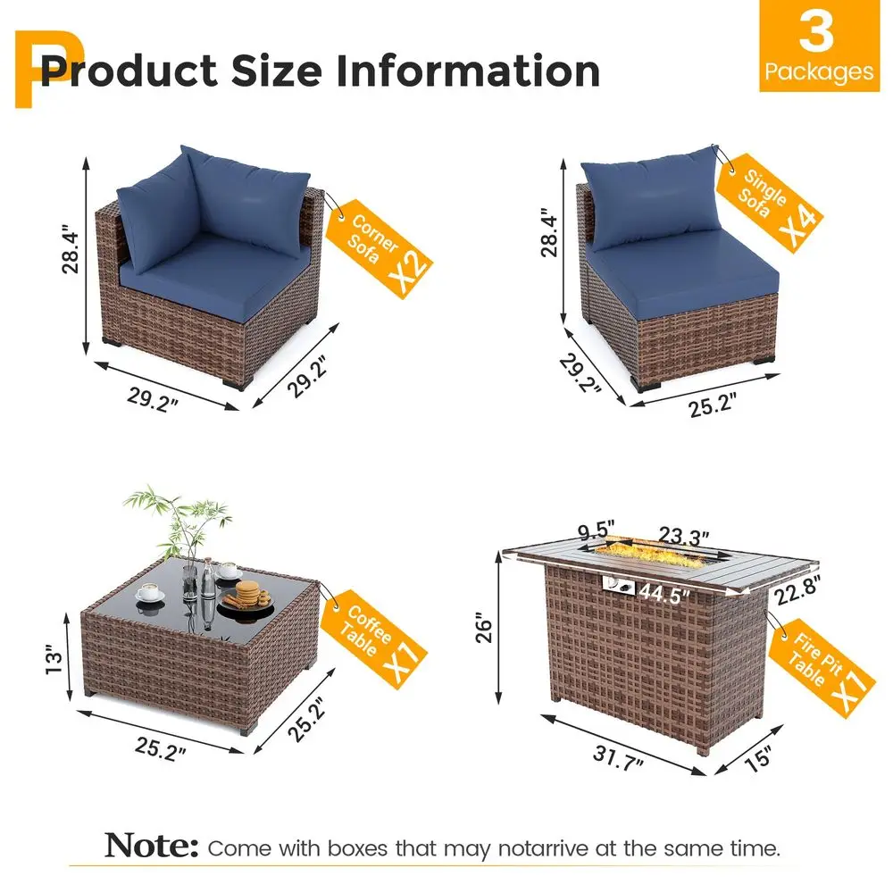 

Furniture Set with Fire Pit Table, 8 Piece Sectional Sofas, AllWeather Wicker Conversation for Garden, Backyard, Navy Blue