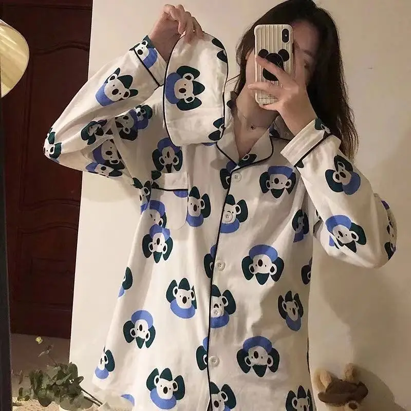 Conjunto de pijamas de 2 piezas para mujer, traje de casa de dibujos animados, cómodo, estampado a cuadros, Tops de manga larga, pantalones, ropa de