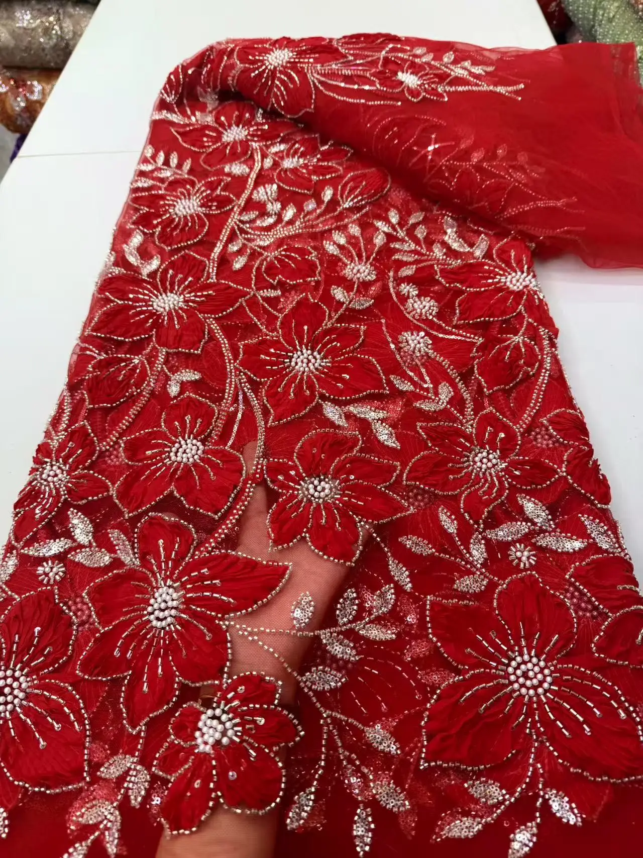 African Beads Lace Fabric 2025 High Quality Lace Nigerian Sequins Beads Lace Fabric French Laces Fabrics For Party Dress Sewing