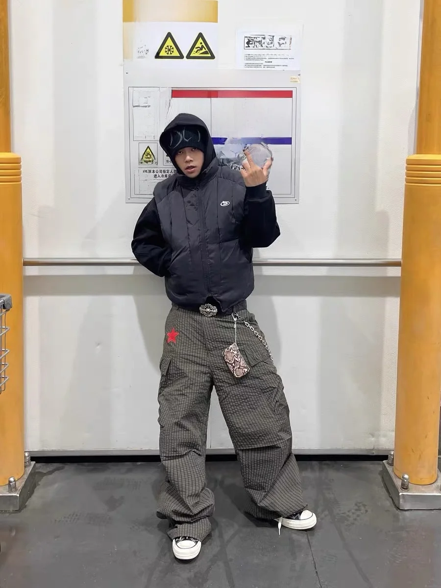 

Робочие брюки в клетку с вышивкой в стиле ретро, американская звезда, свободные повседневные длинные брюки с большим дизайном для мужчин, летние полиэстеровые брюки...