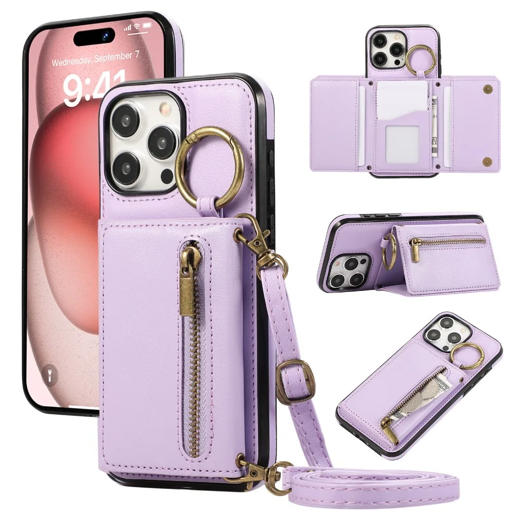 IPhone 16 Cross body Reiß verschluss Brieftasche Ring Stand Handy hülle für iPhone 16 15 Pro Max 14 plus Leder mit Karten halter Abdeckung