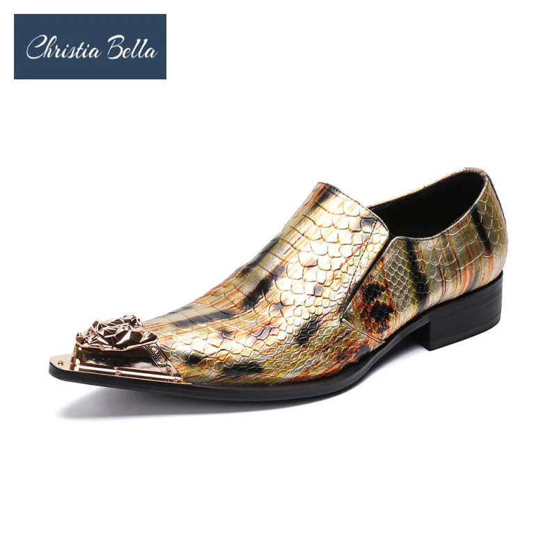 Luxury Gold Metal Pointed Toe Men Snakeskin Grain Real Leather Shoes Wedding Party Man Dress Oxford Shoes Business Formal Shoes