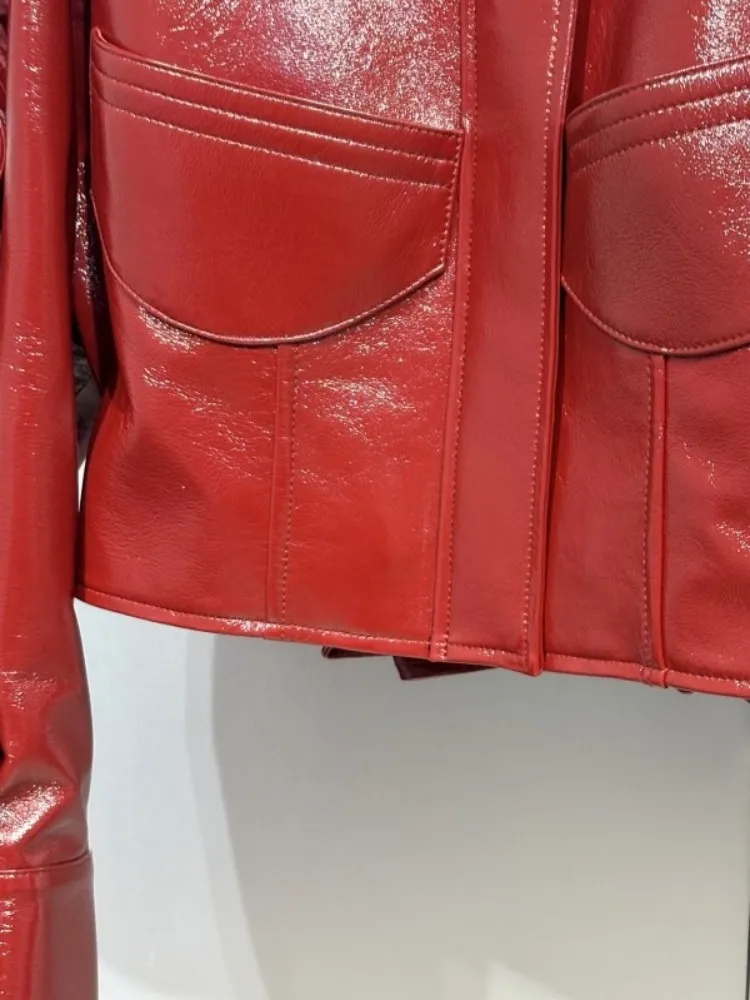 سترة عالية الجودة من الجلد الطبيعي بسحاب وأكمام طويلة من جلد الغنم فضفاضة بلون سادة ملابس خارجية نسائية عالية الجودة #3