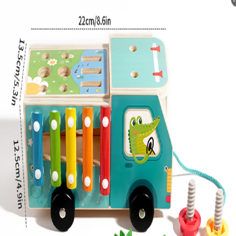 Kids Multifunctional Farm Truck Wooden Toy | Preschool Hammer Piano, Bug Catching, Radish Pulling | Educational Toys and Gifts