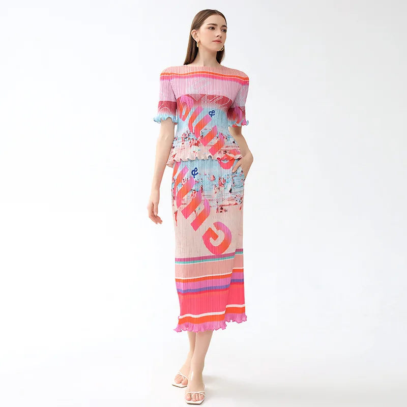 Set of Women's 2024 Spring and Autumn New Waistband Slimming Fashion Landscape Pleats Two-piece Casual Style Printed Skirt