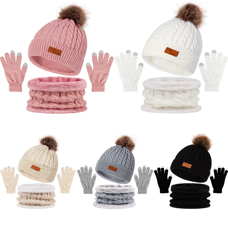 3Pcs Winter Knitted Hat Scarf Gloves Set for Women Men Solid Color Bonnet Cute Pompom Woolen Hats Warm Plush Scarves Accessories