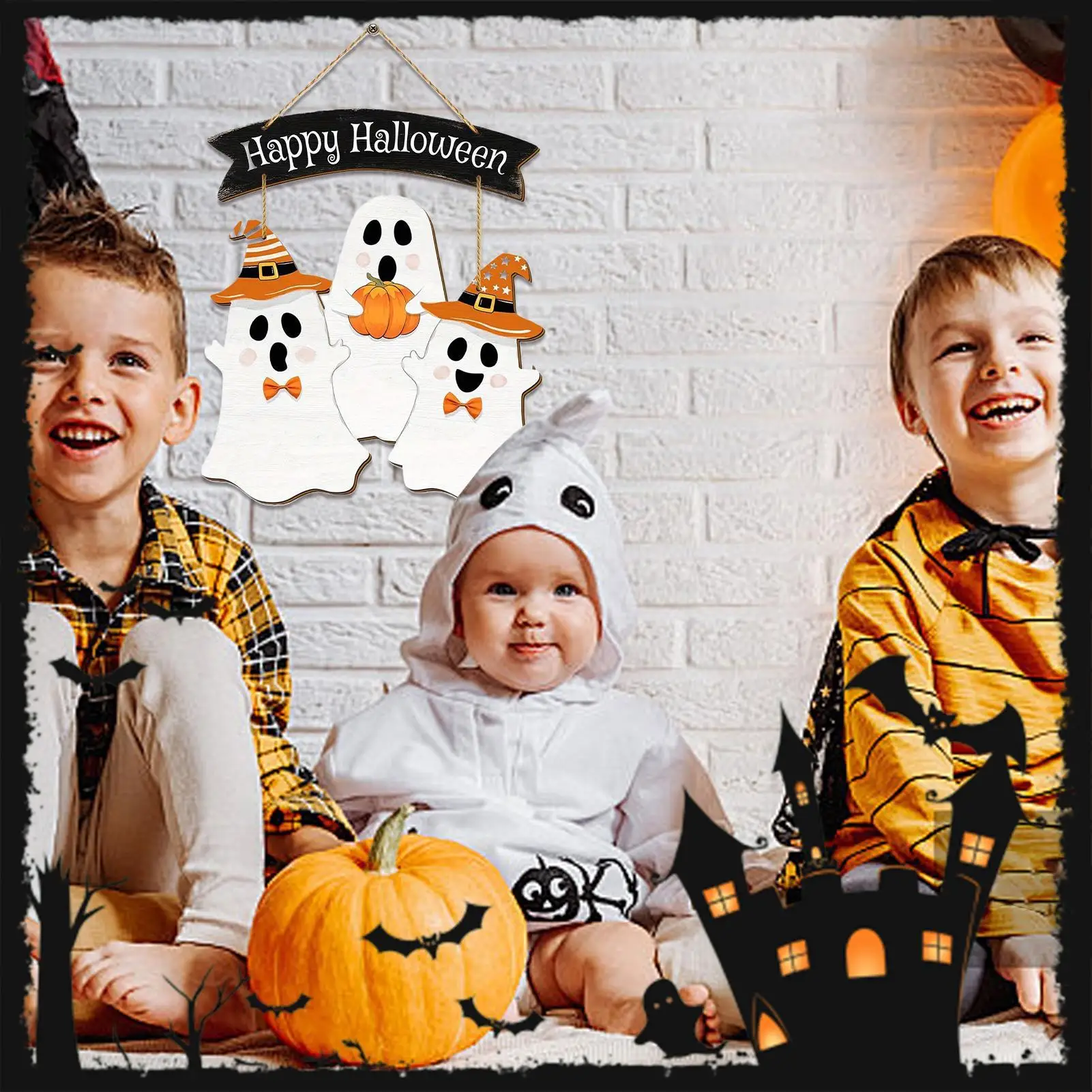 Happy Halloween Door Sign Ghost Porch Sign For Door Decorations Hangable Wooden Decoration For Home Entrance Wall Indoor Outdoor