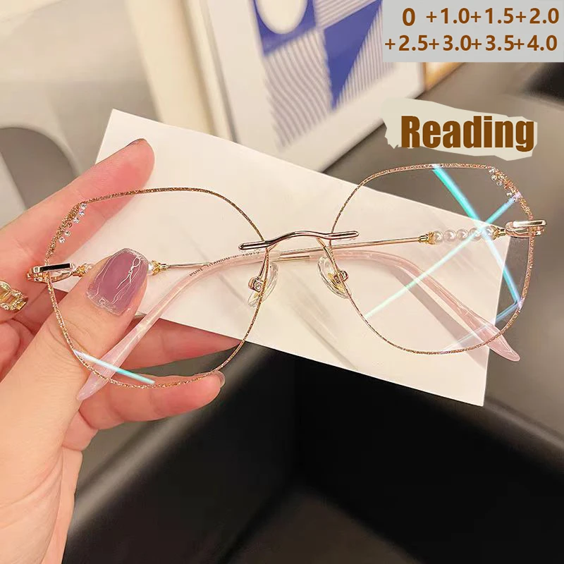 Heiße Mode Diamant Rand-cut Rahmenlose Lesebrille Perle Großen Rahmen High Definition Blau Licht Lesebrille JH238